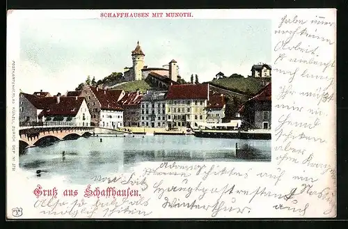 AK Schaffhausen, Uferpartie an der Rheinbrücke, Munot