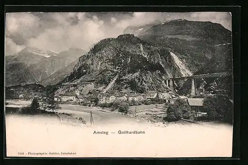 AK Amsteg, Ortspartie mit Gotthardbahnbrücke
