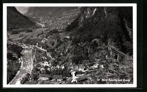 AK Amsteg, Ortsansicht mit Reuss aus der Vogelschau