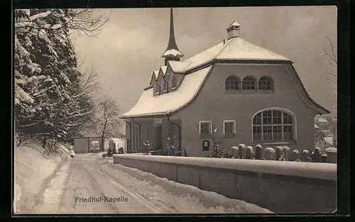 AK Winterthur, Friedhof-Kapelle im Schnee