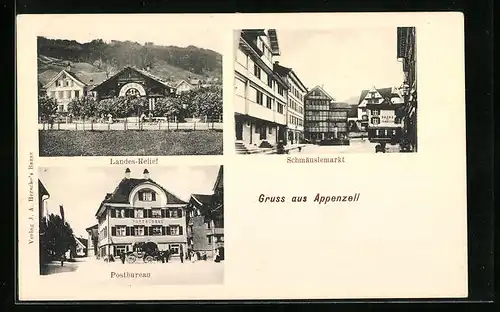 AK Appenzell, Schmäuslemarkt mit Geschäft, Postbureau, Landes-Relief
