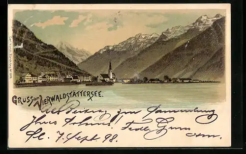 Lithographie Flüelen, Panroama mit Vierwaldstättersee