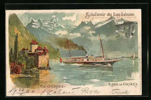 Künstler-AK Genf, Genfersee mit Dampfer