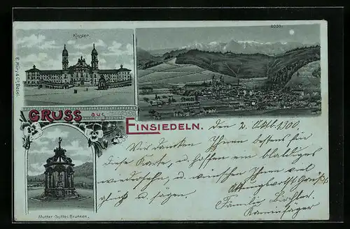 Mondschein-Lithographie Einsiedeln, Teilansicht, Kloster, Mutter Gottes Brunnen