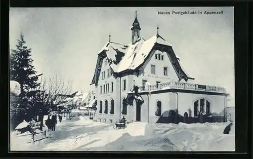 AK Appenzell, Neues Postgebäude im Schnee