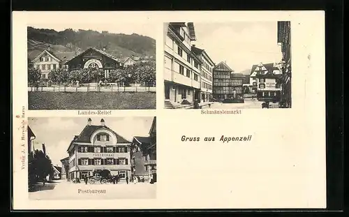 AK Appenzell, Schmäuslemarkt mit Geschäft, Postbureau, Landes-Relief