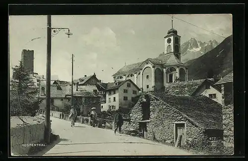 AK Hospental, Strassenpartie mit Kirche