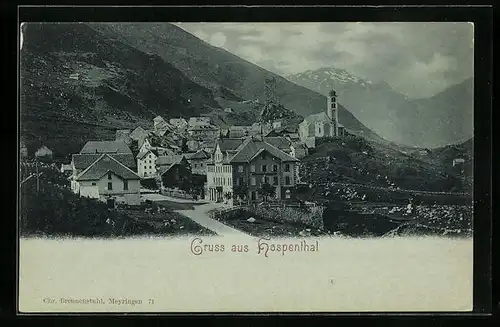 Mondschein-AK Hospental, Teilansicht mit Kirche