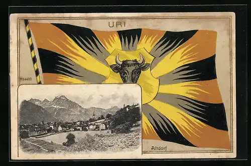 Präge-AK Altdorf /Uri, Teilansicht, Flagge, Passepartout
