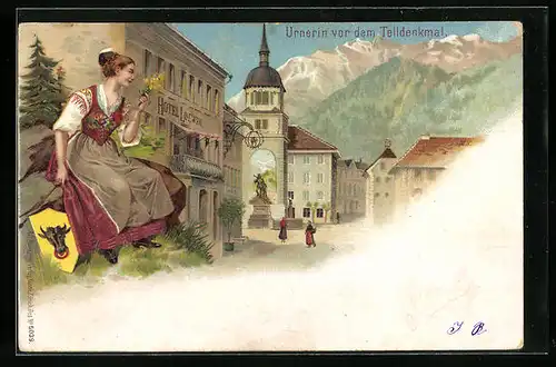 Lithographie Altdorf, Urnerin vor dem Telldenkmal am Hotel Löwen