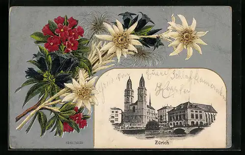 Präge-AK Zürich, Uferpartie mit Kirche, Alpenblumen, Passepartout