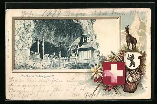 Passepartout-Lithographie Appenzell, Kapelle Wildkirchh., Wappen, Bergziege