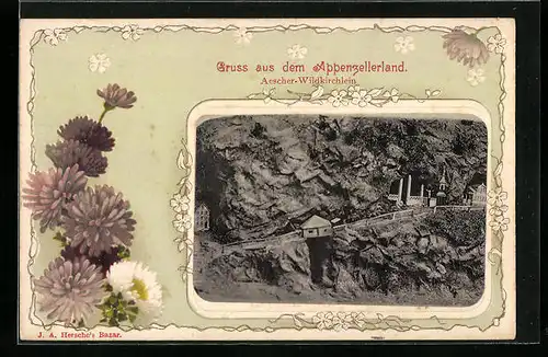 Passepartout-Lithographie Aescher, Wildkirchlein aus der Vogelschau, Blumen