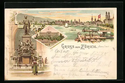Lithographie Zürich, Panorama mit Brücke, Denkmal