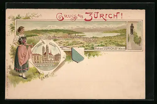 Lithographie Zürich, Blick auf die Stadt von der Waid, Gross-Münster, Züricherin