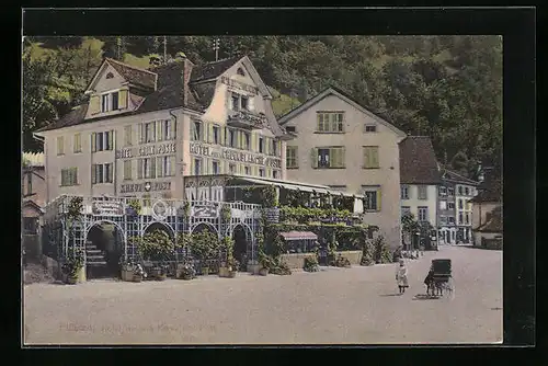 AK Flüelen, Hotel zum Weissen Kreuz und Post