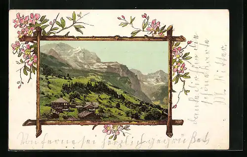 Passepartout-Lithographie Wengen, Ortsansicht mit Bergpanorama, Blumen