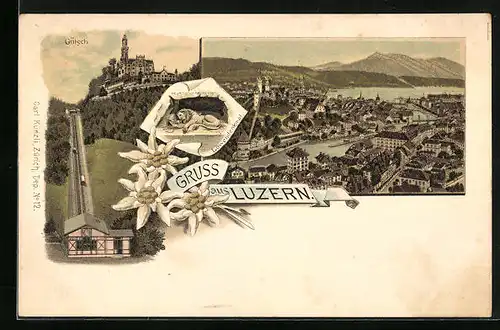 Lithographie Luzern, Ortsansicht aus der Vogelschau, Gütsch, Löwendenkmal