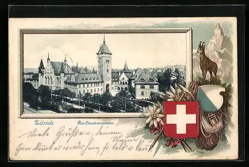 Passepartout-Lithographie Zürich, Teilansicht mit Landesmuseum, Wappen