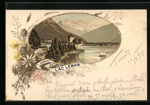 Lithographie Lac Léman, Burg am See, Blumen