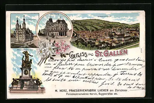 Lithographie St. Gallen, Gesamtansicht mit Stiftskirche