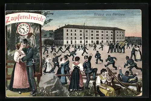 Künstler-AK Herisau, Zapfenstreich mit Militärparade