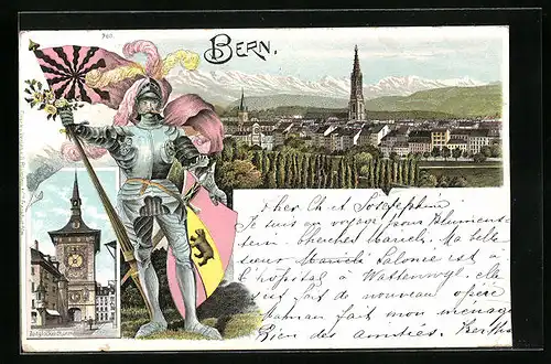 Lithographie Bern, Totalansicht mit Ritter und Zeitglockenthurm