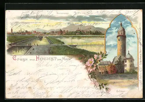 Lithographie Höchst a. M., Panorama der Stadt und Schloss