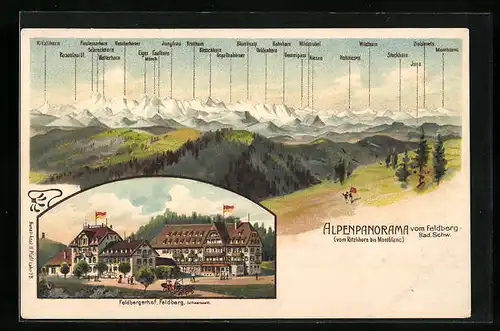 Lithographie Feldberg /Schwarzw., Bergpanorama mit Gipfelnamen, Gasthaus Feldbergerhof