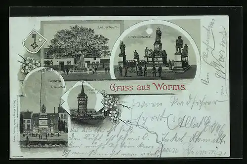 Mondschein-AK Worms, Lutherbaum und -denkmal, Ludwigs-Denkmal, Wasserthurm