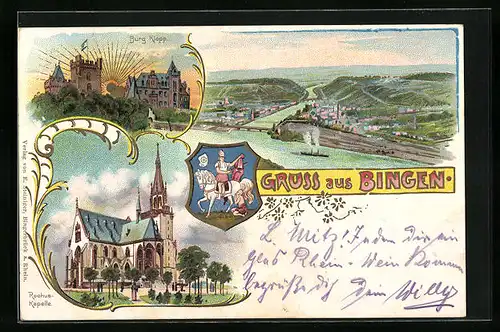 Lithographie Bingen /Rh., Burg Klopp, Rochus-Kapelle, Ortsansicht aus der Vogelschau