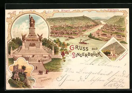Lithographie Bingerbrück, Ortsansicht Bingen, Mäusethurm, Rheinstein, Nationaldenkmal