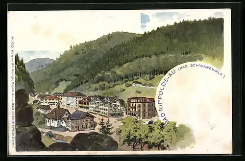 Lithographie Bad Rippoldsau /Schwarzw., Ortsansicht mit Bergen