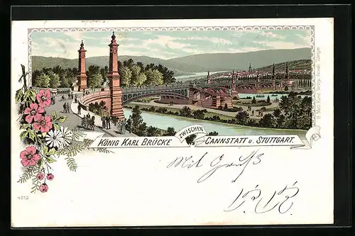 Lithographie Stuttgart, König Karl Brücke zwischen Cannstatt und Stuttgart