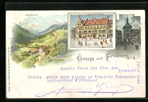 Lithographie Freiburg i. B., Höllenthal, Rathaus, Turm mit Tordurchgang