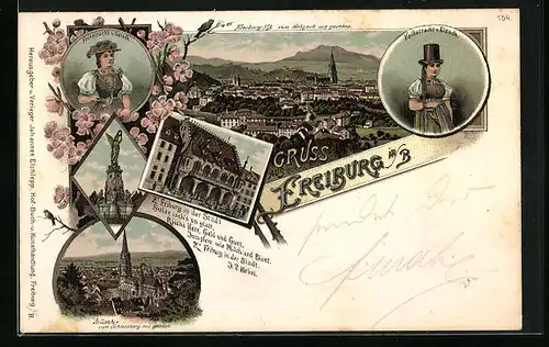 Lithographie Freiburg i. B., Ortsansicht vom Hebsack aus, Münster vom Schlossberg aus