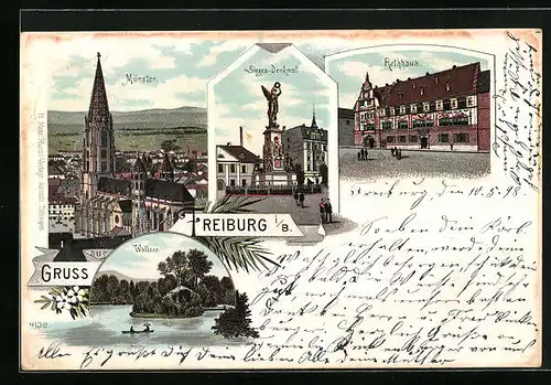 Lithographie Freiburg i. B., Münster, Sieges-Denkmal, Rathaus und Waldsee