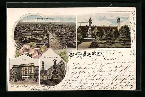 Lithographie Augsburg, Ortsansicht von St. Ulrich, Friedensdenkmal, Börse und Herkulesbrunnen