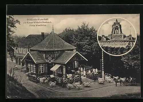 AK Porta Westfalica, Denkmals-Wirtschaft von oben und Denkmal auf dem Wittekindsberg