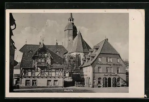 AK Rochlitz i. Sa., Wein-Restaurant Emil Fischer und Kirche