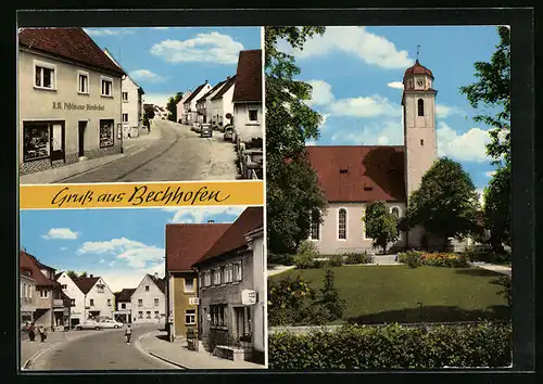 AK Bechhofen, Bürobedarf R. M. Pöhlmann, Strassenpartie, Kirche