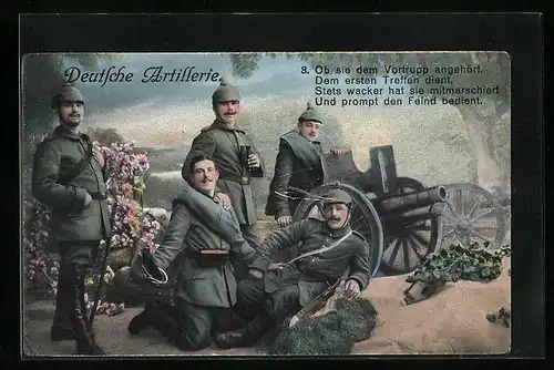 AK Soldaten der Artillerie mit Blumenschmuck