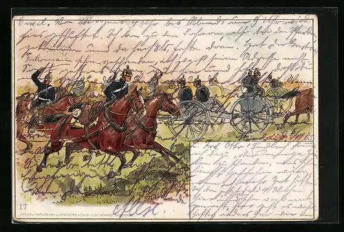 Lithographie Kavalleristen mit Wagen in einer Schlacht