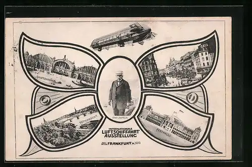 Passepartout-AK Frankfurt a. M., Internationale Luftschiffahrt Ausstellung 1909 - Zeppelin, Graf Zeppelin, Ortsansichten