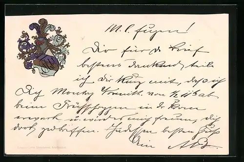 Lithographie Studentenwappen in den Farben Blau, Violett und Gold