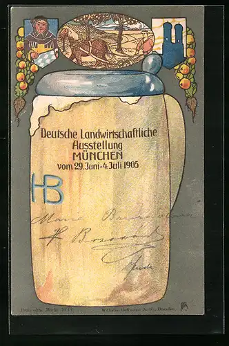 Lithographie München, Deutsche Landwirtschaftliche Ausstellung 1905 - Pflügender Bauer, Bierkrug mit Zinndeckel