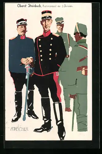 Künstler-AK sign. A. Treichler: Oberst Steinbruch, Kommandant der 5. Division mit Kollegen