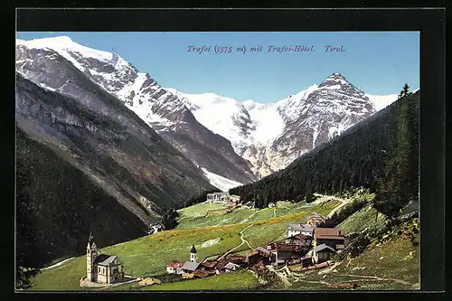 AK Trafoi, Blick zum Hotel Trafoi vor den schneebedeckten Bergen