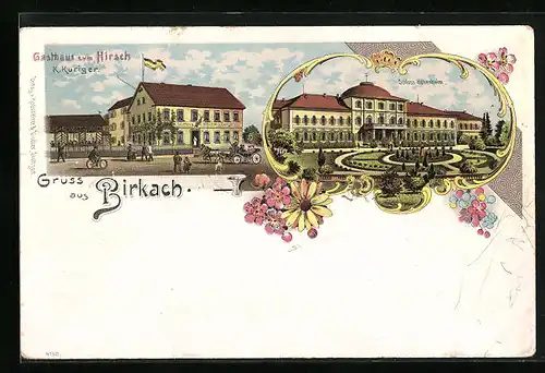 Lithographie Birkach, Gasthaus zum Hirsch, Schloss Hohenheim
