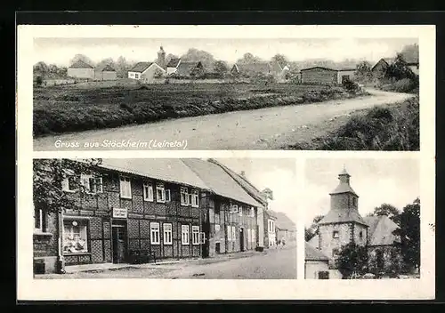 AK Stöckheim /Leinetal, Strassenpartie mit Geschäft, Kirche, Ortspartie